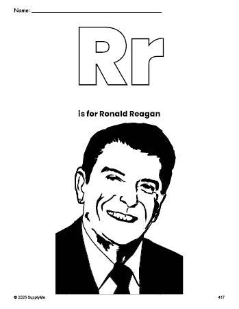 Free printable Ronald Reagan Presidents' Day coloring page, letter r coloring page for preschool, pre-k, and kindergarten, PDF