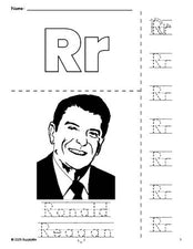 Free printable Ronald Reagan Presidents' Day coloring page and letter tracing worksheet, letter r worksheet for preschool, pre-k, and kindergarten, PDF