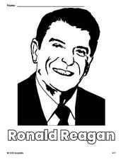 Free printable Ronald Reagan Presidents' Day coloring page for preschool, pre-k, and kindergarten, PDF