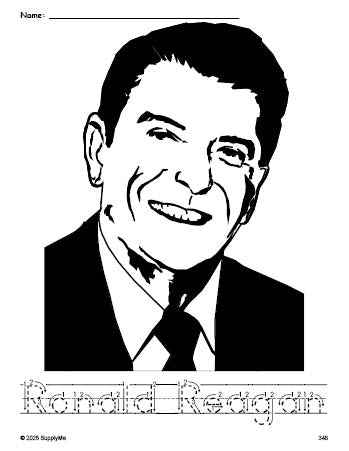 Free printable Ronald Reagan Presidents' Day coloring page and word tracing worksheet, letter formation guides, perfect for preschool, pre-k, and kindergarten, PDF