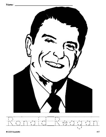 Free printable Ronald Reagan Presidents' Day coloring page and word tracing worksheet, perfect for preschool, pre-k, and kindergarten, PDF