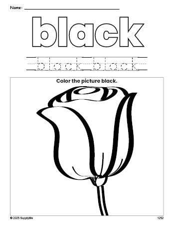 Free rose color black coloring page and color worksheet, black worksheet for preschoolers to learn colors, printable PDF