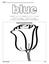 Free rose color blue coloring page and color worksheet, blue worksheet for preschoolers to learn colors, printable PDF