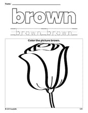 Free rose color brown coloring page and color worksheet, brown worksheet for preschoolers to learn colors, printable PDF