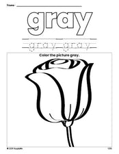 Free rose color gray coloring page and color worksheet, gray worksheet for preschoolers to learn colors, printable PDF