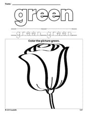 Free rose color green coloring page and color worksheet, green worksheet for preschoolers to learn colors, printable PDF