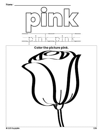 Free rose color pink coloring page and color worksheet, pink worksheet for preschoolers to learn colors, printable PDF