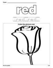 Free rose color red coloring page and color worksheet, red worksheet for preschoolers to learn colors, printable PDF