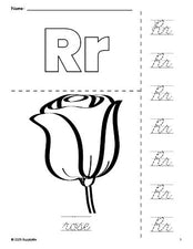 Free printable rose coloring page and cursive letter tracing worksheet, letter r worksheet for preschool, pre-k, and kindergarten, PDF