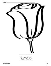 Free printable rose coloring page and cursive word tracing worksheet, perfect for preschool, pre-k, and kindergarten, PDF