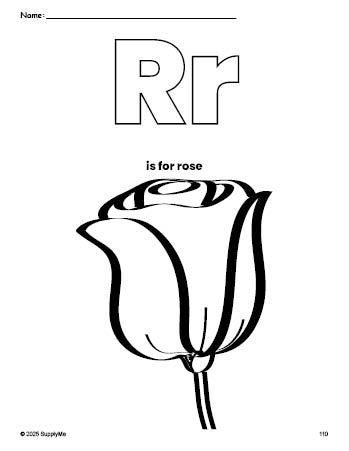 Free printable rose coloring page, letter r coloring page for preschool, pre-k, and kindergarten, PDF