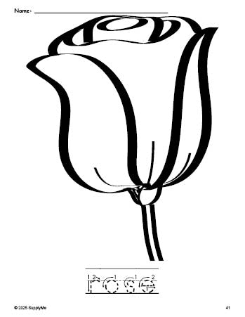 Free printable rose coloring page and word tracing worksheet, letter formation guides, perfect for preschool, pre-k, and kindergarten, PDF