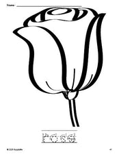 Free printable rose coloring page and word tracing worksheet, letter formation guides, perfect for preschool, pre-k, and kindergarten, PDF