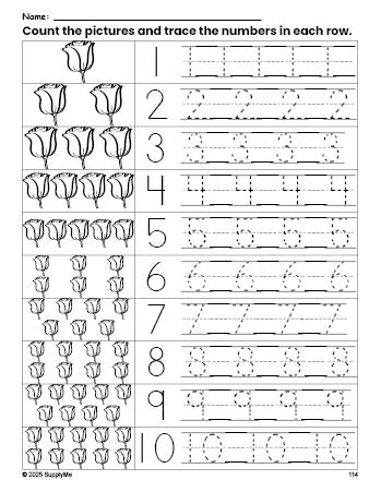 Free printable rose counting worksheet for preschool and pre-k with number tracing practice 1-10, PDF