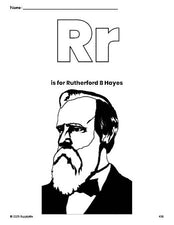 Free printable Rutherford B Hayes Presidents' Day coloring page, letter r coloring page for preschool, pre-k, and kindergarten, PDF