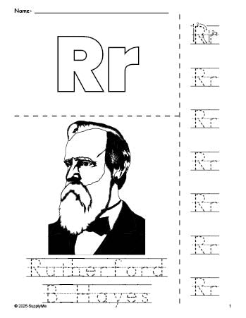 Free printable Rutherford B Hayes Presidents' Day coloring page and letter tracing worksheet, letter r worksheet for preschool, pre-k, and kindergarten, PDF