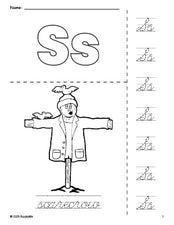 Free printable scarecrow fall coloring page and cursive letter tracing worksheet, letter s worksheet for preschool, pre-k, and kindergarten, PDF