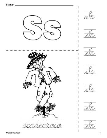 Free printable scarecrow fall coloring page and cursive letter tracing worksheet, letter s worksheet for preschool, pre-k, and kindergarten, PDF