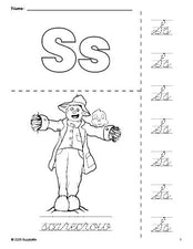 Free printable scarecrow fall coloring page and cursive letter tracing worksheet, letter s worksheet for preschool, pre-k, and kindergarten, PDF