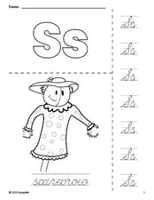 Free printable scarecrow fall coloring page and cursive letter tracing worksheet, letter s worksheet for preschool, pre-k, and kindergarten, PDF