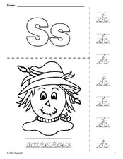 Free printable scarecrow fall coloring page and cursive letter tracing worksheet, letter s worksheet for preschool, pre-k, and kindergarten, PDF