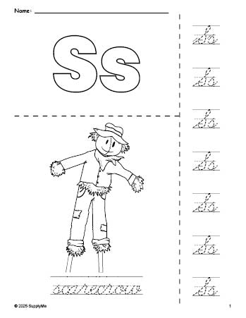 Free printable scarecrow fall coloring page and cursive letter tracing worksheet, letter s worksheet for preschool, pre-k, and kindergarten, PDF