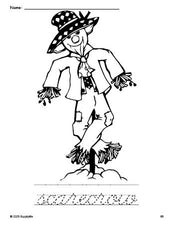 Free printable scarecrow fall coloring page and cursive word tracing worksheet, perfect for preschool, pre-k, and kindergarten, PDF