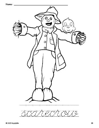 Free printable scarecrow fall coloring page and cursive word tracing worksheet, perfect for preschool, pre-k, and kindergarten, PDF