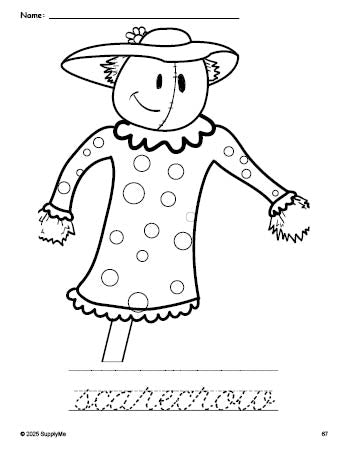 Free printable scarecrow fall coloring page and cursive word tracing worksheet, perfect for preschool, pre-k, and kindergarten, PDF