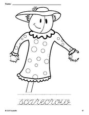 Free printable scarecrow fall coloring page and cursive word tracing worksheet, perfect for preschool, pre-k, and kindergarten, PDF