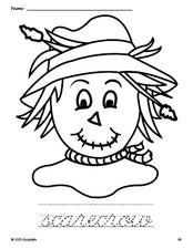 Free printable scarecrow fall coloring page and cursive word tracing worksheet, perfect for preschool, pre-k, and kindergarten, PDF