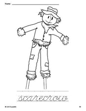 Free printable scarecrow fall coloring page and cursive word tracing worksheet, perfect for preschool, pre-k, and kindergarten, PDF