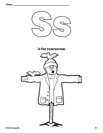 Free printable scarecrow fall coloring page, letter s coloring page for preschool, pre-k, and kindergarten, PDF