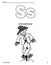 Free printable scarecrow fall coloring page, letter s coloring page for preschool, pre-k, and kindergarten, PDF