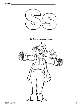 Free printable scarecrow fall coloring page, letter s coloring page for preschool, pre-k, and kindergarten, PDF