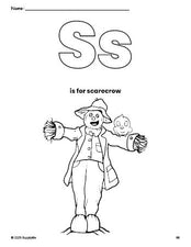 Free printable scarecrow fall coloring page, letter s coloring page for preschool, pre-k, and kindergarten, PDF