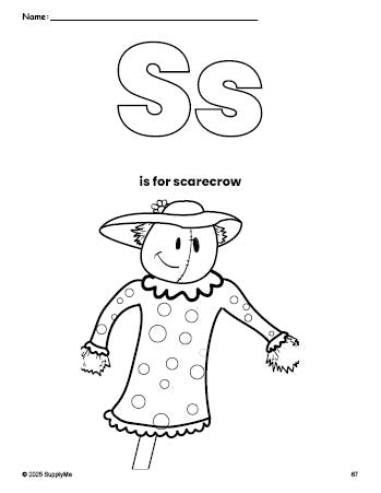 Free printable scarecrow fall coloring page, letter s coloring page for preschool, pre-k, and kindergarten, PDF