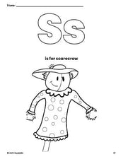 Free printable scarecrow fall coloring page, letter s coloring page for preschool, pre-k, and kindergarten, PDF