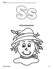 Free printable scarecrow fall coloring page, letter s coloring page for preschool, pre-k, and kindergarten, PDF