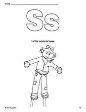 Free printable scarecrow fall coloring page, letter s coloring page for preschool, pre-k, and kindergarten, PDF