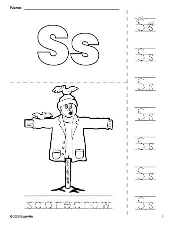 Free printable scarecrow fall coloring page and letter tracing worksheet, letter s worksheet for preschool, pre-k, and kindergarten, PDF