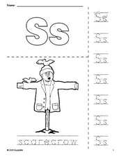 Free printable scarecrow fall coloring page and letter tracing worksheet, letter s worksheet for preschool, pre-k, and kindergarten, PDF