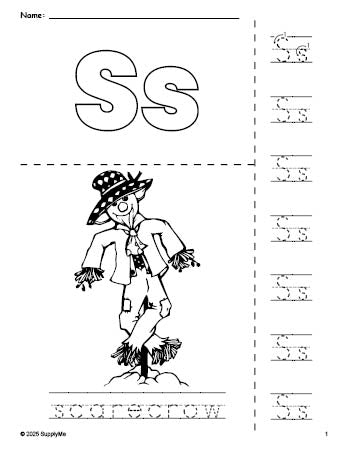 Free printable scarecrow fall coloring page and letter tracing worksheet, letter s worksheet for preschool, pre-k, and kindergarten, PDF