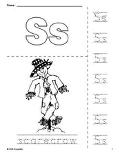 Free printable scarecrow fall coloring page and letter tracing worksheet, letter s worksheet for preschool, pre-k, and kindergarten, PDF