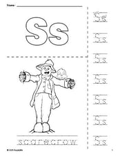 Free printable scarecrow fall coloring page and letter tracing worksheet, letter s worksheet for preschool, pre-k, and kindergarten, PDF