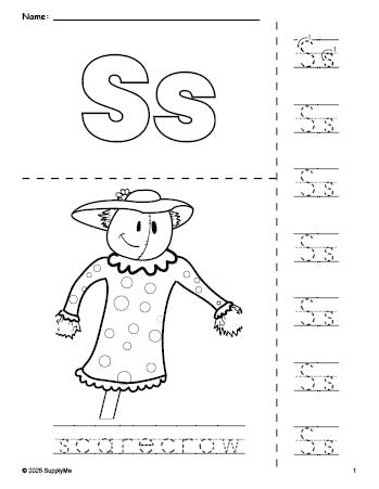 Free printable scarecrow fall coloring page and letter tracing worksheet, letter s worksheet for preschool, pre-k, and kindergarten, PDF