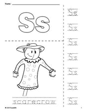 Free printable scarecrow fall coloring page and letter tracing worksheet, letter s worksheet for preschool, pre-k, and kindergarten, PDF