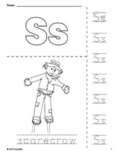 Free printable scarecrow fall coloring page and letter tracing worksheet, letter s worksheet for preschool, pre-k, and kindergarten, PDF