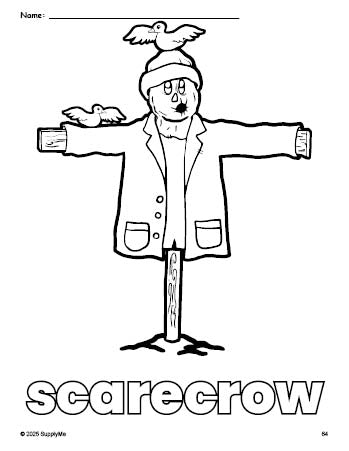 Free printable scarecrow fall coloring page for preschool, pre-k, and kindergarten, PDF