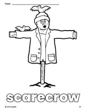 Free printable scarecrow fall coloring page for preschool, pre-k, and kindergarten, PDF